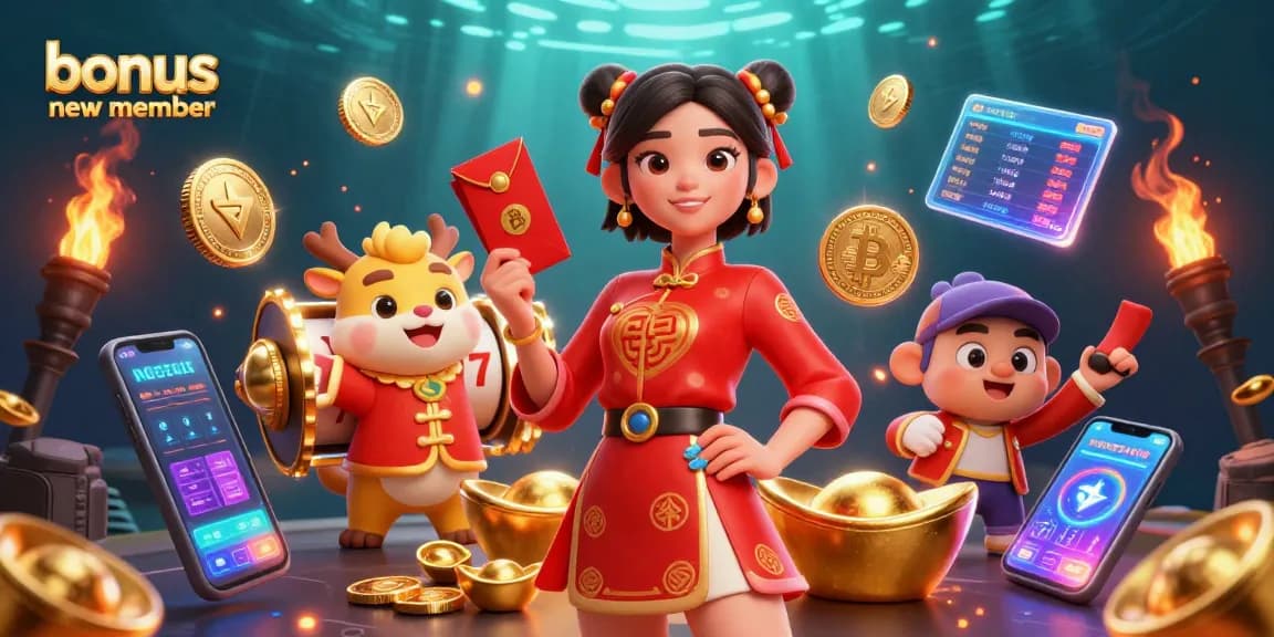 Engage with the bonus new member offer in a vibrant 3D casino celebration featuring lucky symbols and festive elements.