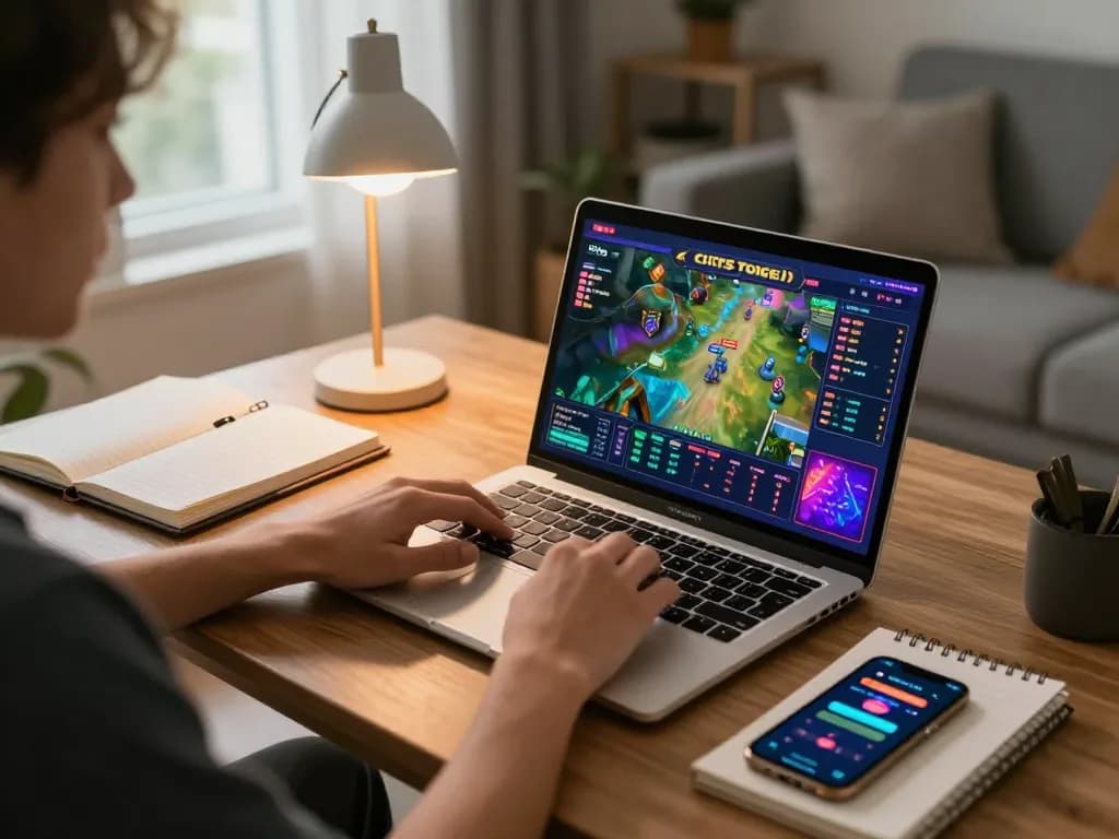 permainan situs togel di laptop dengan antarmuka berwarna-warni di ruang kerja rumah yang nyaman