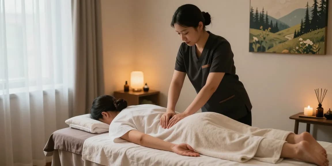 Client enjoying a 구로마사지 in a tranquil spa setting with calming decor and soft lighting.