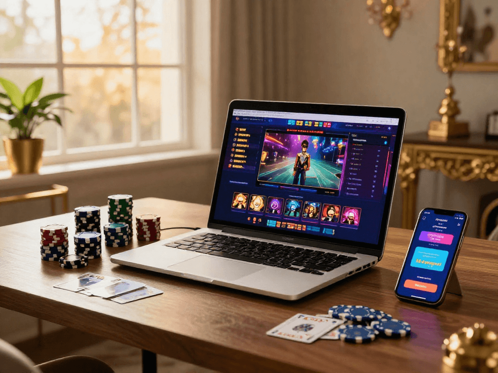 Scène de jeu en ligne avec un nouveau casino en ligne affichant des jeux sur un ordinateur, des jetons et des cartes éparpillés, créant une ambiance excitante et confortable.