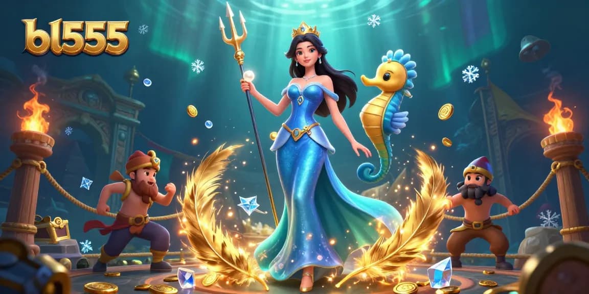 Experience thrilling gaming action with bl555, a vibrant underwater casino illustration displaying a seahorse king and a glamorous woman.