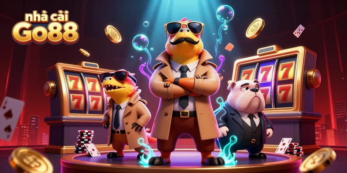 Join the fun at nhà cái Go88 with playful raptors in a trench coat at a bustling casino scene.