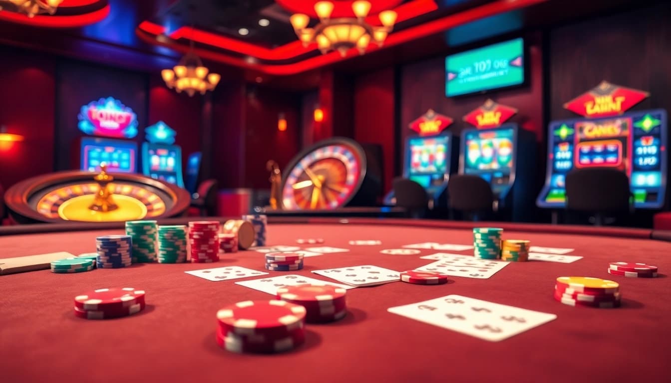 Experience the thrill of gambling at loto188.gb.net with vibrant casino visuals showcasing poker tables and roulette wheels.