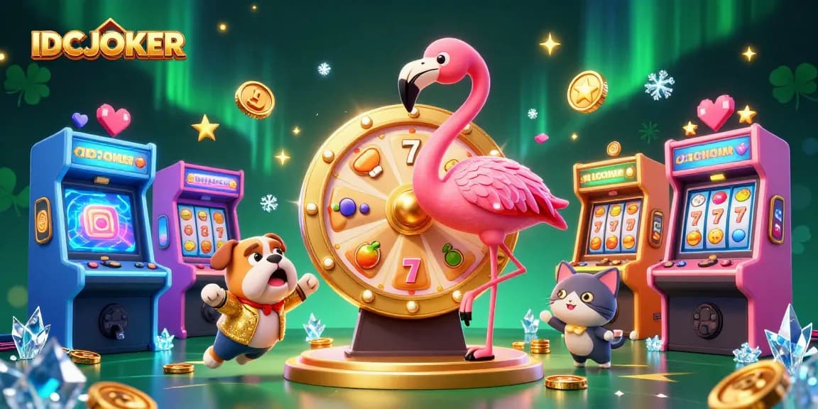 Join the IDCJOKER exciting casino action with 3D characters, vibrant slot elements, and a dazzling prize wheel!