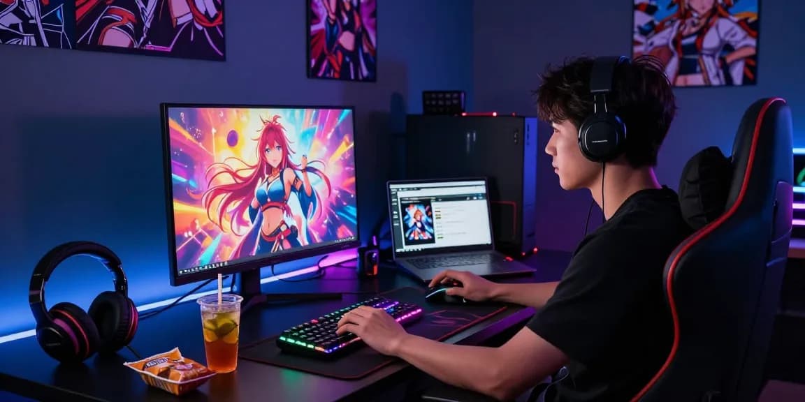 Gamer immersed in a captivating hentai game experience at a stylish gaming setup, with vibrant screen visuals and ambient LED lighting.