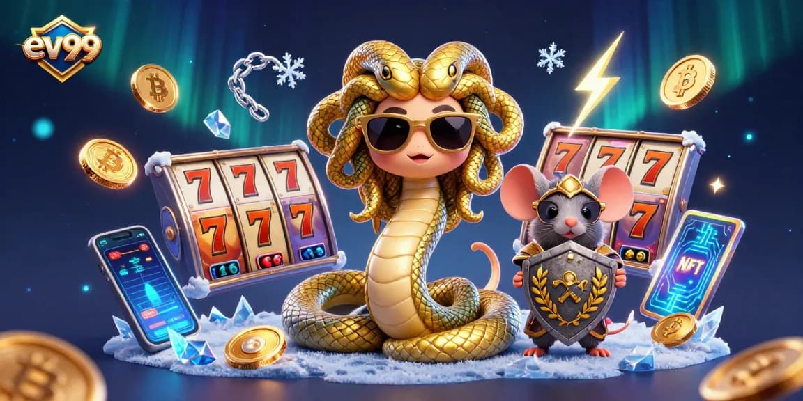 Play thrilling jackpot slots at ev99 while surrounded by vibrant 3D game elements and dynamic illustrations.