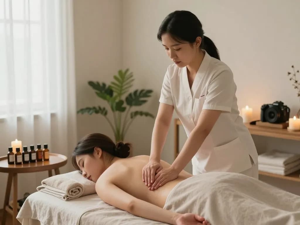 편안한 분위기와 필수 오일이 어우러진 동대문스웨디시 마사지 치료를 보여주는 편안한 스파 장면.