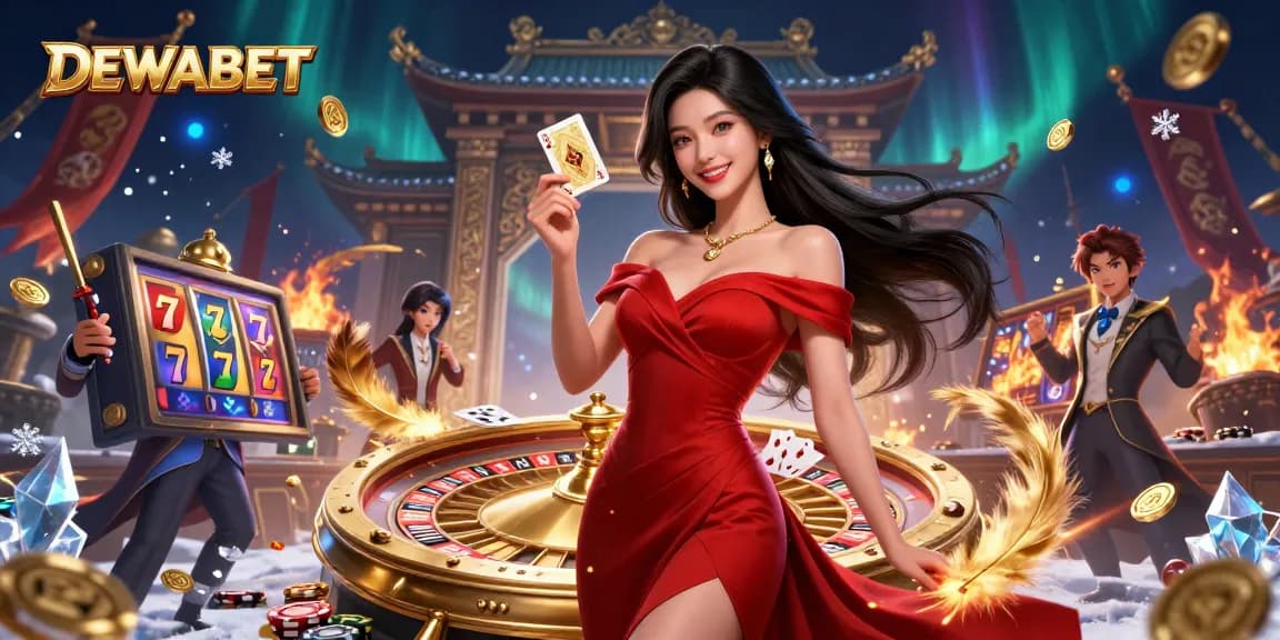 Experience DEWABET’s excitement with a stunning Asian woman holding a golden playing card beside a vibrant roulette wheel.