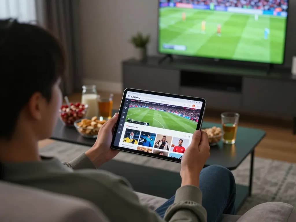 Engaged viewer using CAKHIATV on a tablet during a live match, cozy home setting.