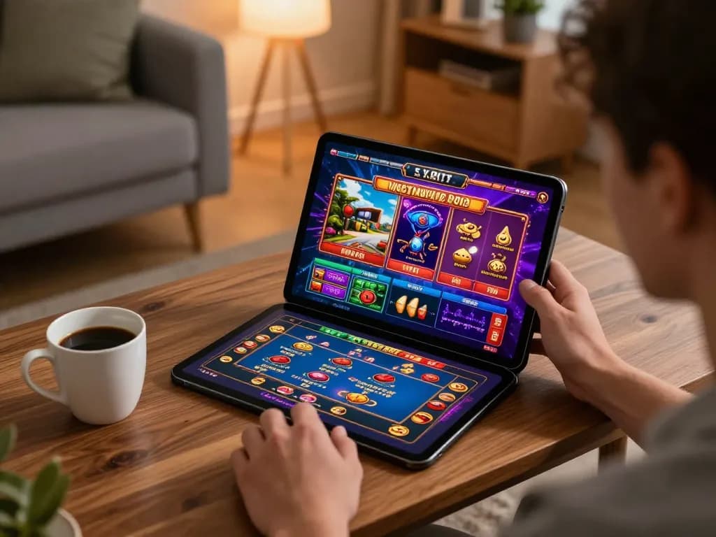 Player engaging with DH88 online casino games on tablet in a cozy home environment.
