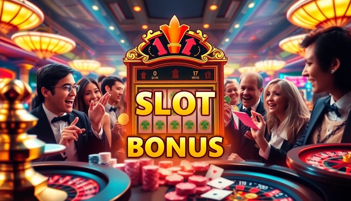 Para pemain merayakan kemenangan bonus slot di kasino mewah.