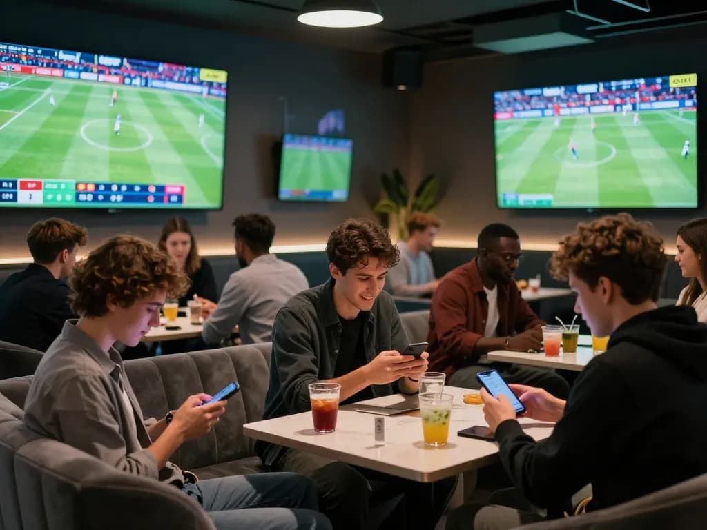 GO8 bettors analyzing odds in a vibrant sports lounge, enhancing betting strategies during Bundesliga matches.