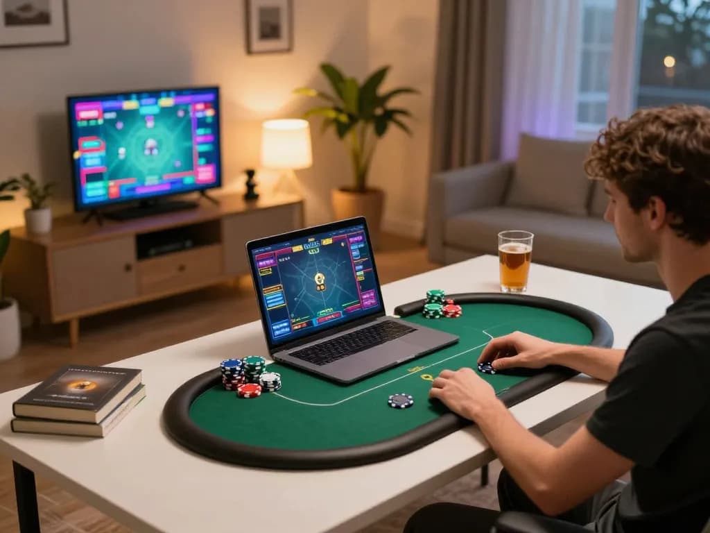 Player engaged in online poker gameplay on a laptop at home while using alo88 app for maximum enjoyment