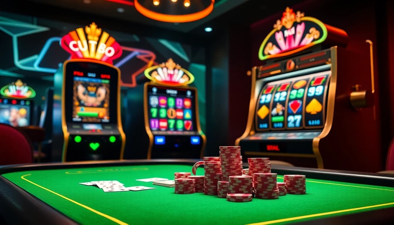 Exciting online casino experience at UU88 with poker chips and vibrant slot machines.