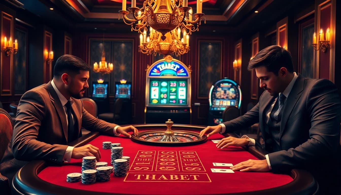 Experience an exciting poker game at THABET, showcasing professional players and vibrant casino elements.