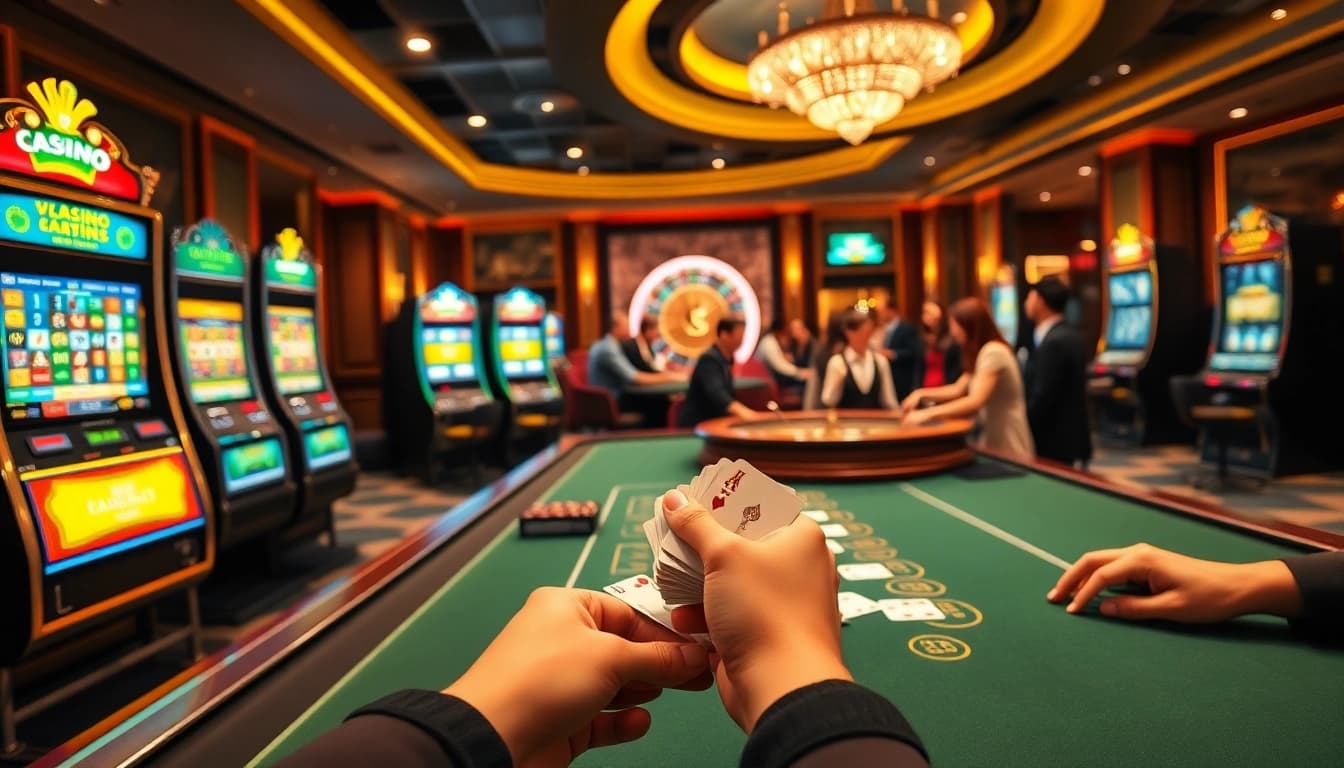 Joueurs de casino en ligne plaçant des paris à une table de cartes vibrante avec des machines à sous en arrière-plan.