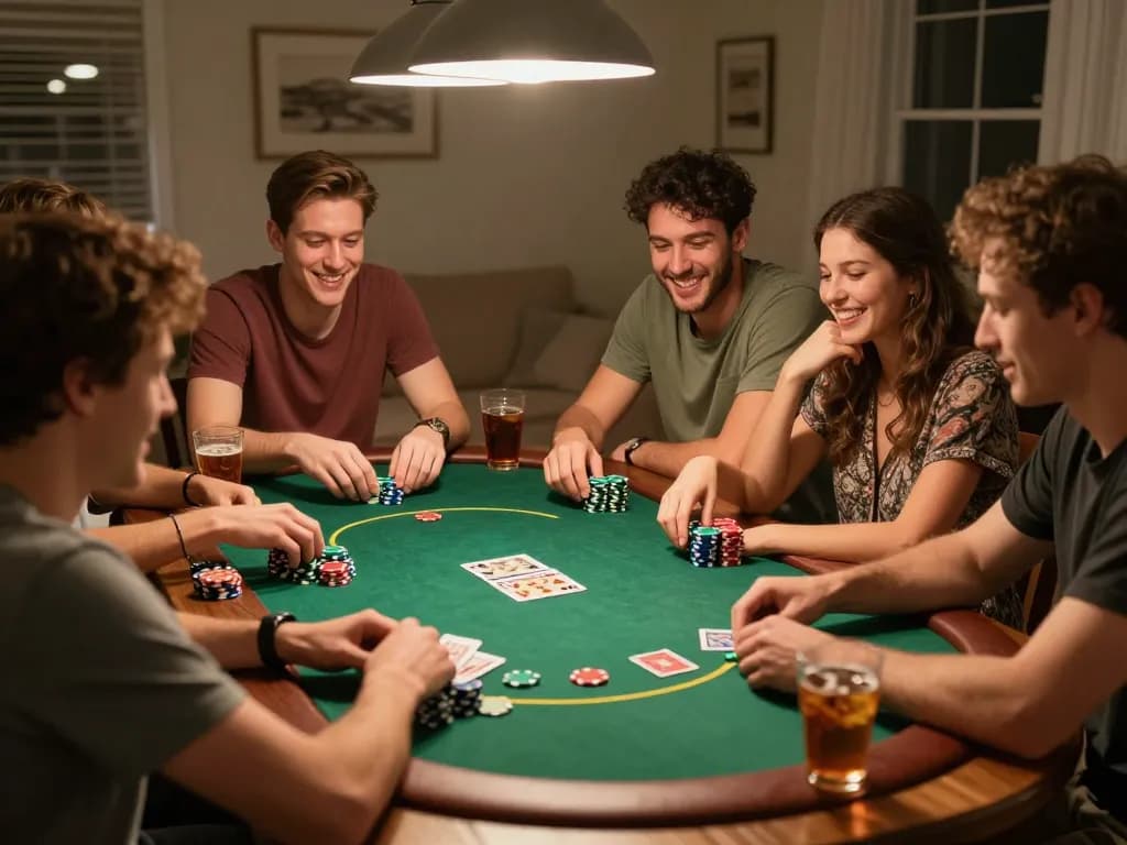 Friends enjoy a poker night at home, emphasizing social gaming aspects and featuring soikeo.in.net for betting insights