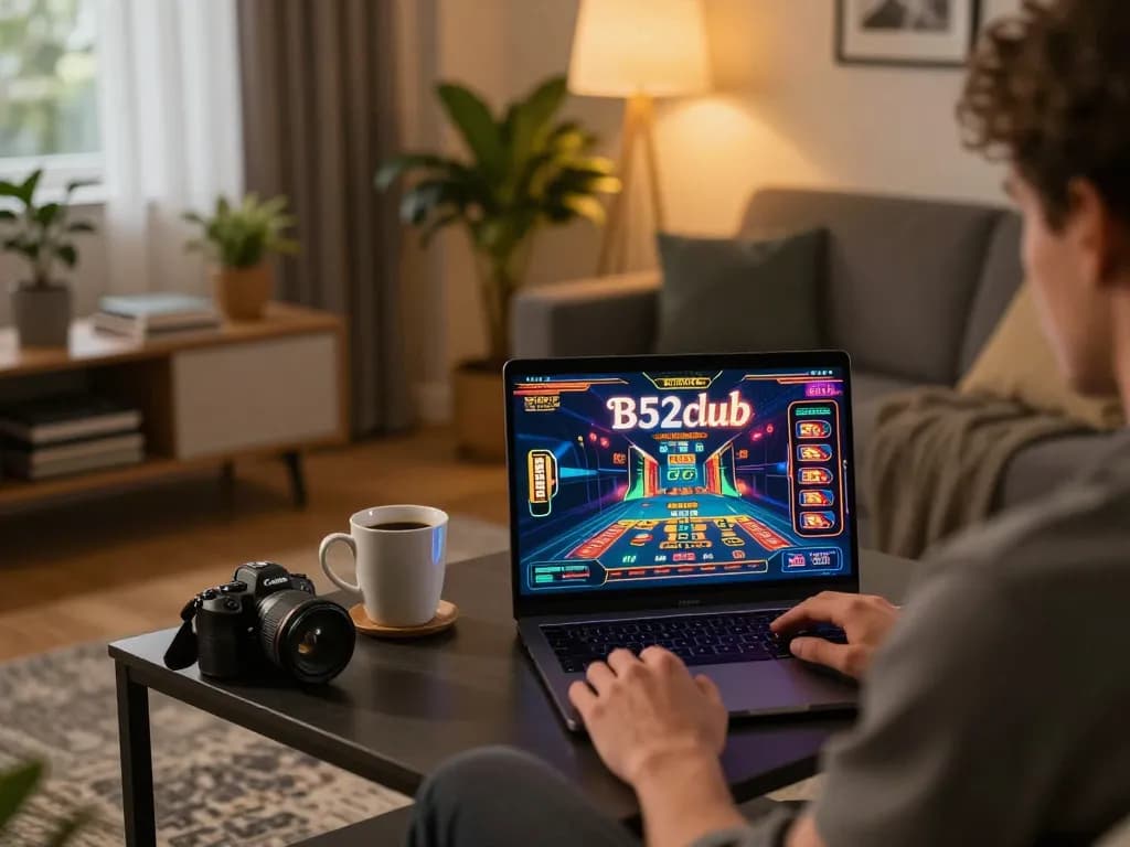 B52club player enjoying online gaming experience in a cozy living room with laptop.