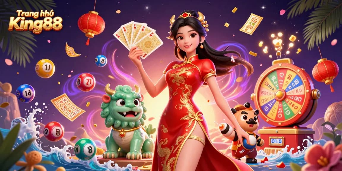 Engage with thrilling experiences at Trang chủ King88, featuring a dynamic casino scene with lottery elements.