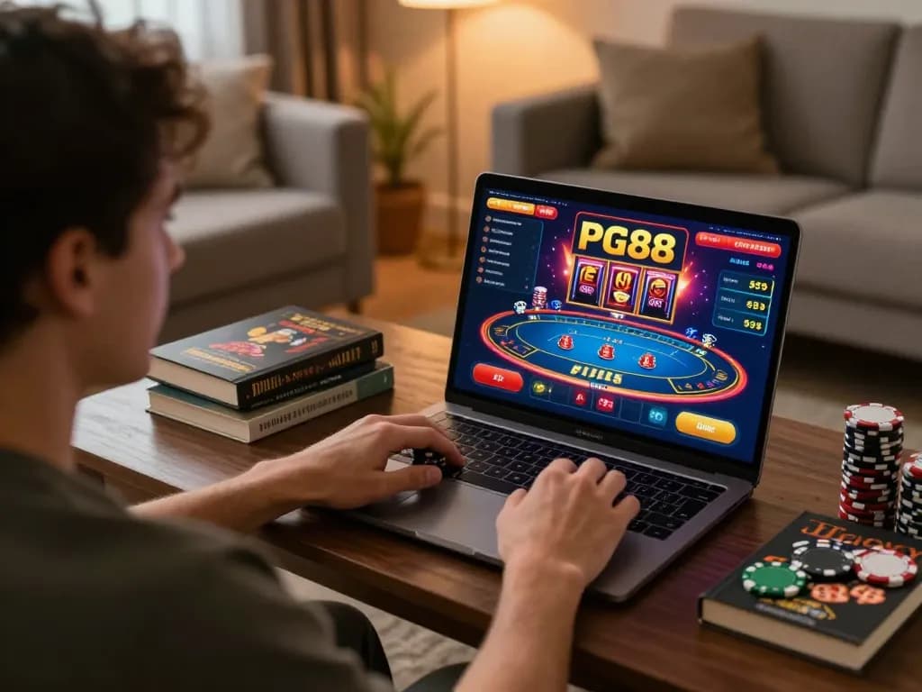 Engaging with PG88's online casino platform, a player skillfully bets while enjoying a cozy home atmosphere.