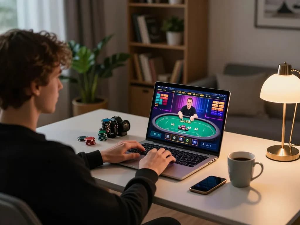 Player strategizing at LC88 online casino, engaged in poker game with laptop and notes