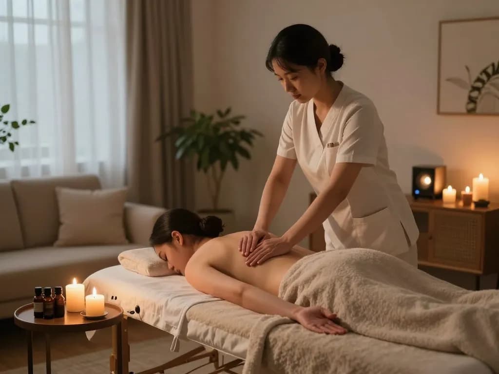 Relaxing home massage experience with maxim-anma.net therapist in serene setting.