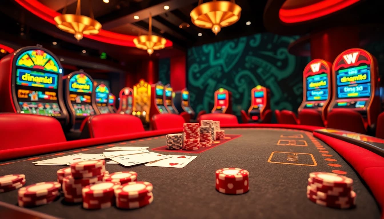 Experience the thrill of dinamit4d in a vibrant casino scene with exciting slot machines and card games.