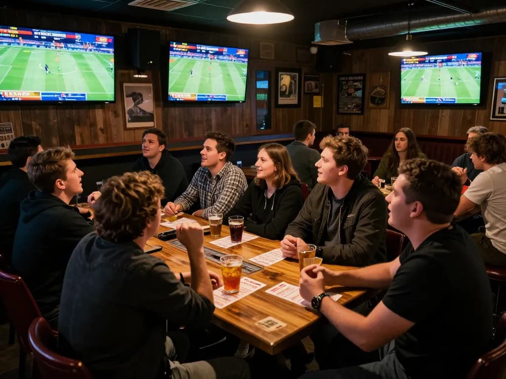 Tifosi impegnati nelle scommesse sportive sui siti non AAMS in un bar vivace, schermi che mostrano giochi emozionanti e ricevute di scommesse.