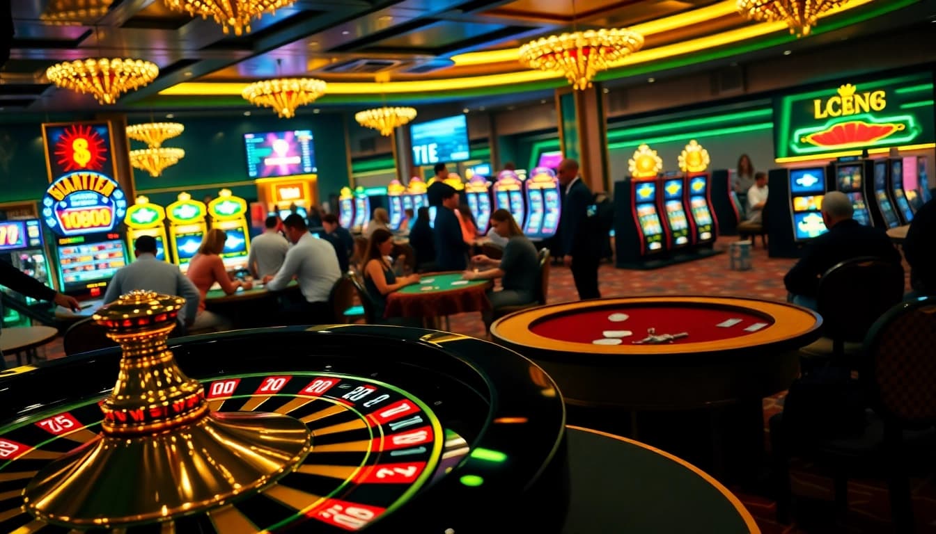 Catching the thrill of gameplay at lc88.com with a vibrant casino scene showcasing roulette and poker.