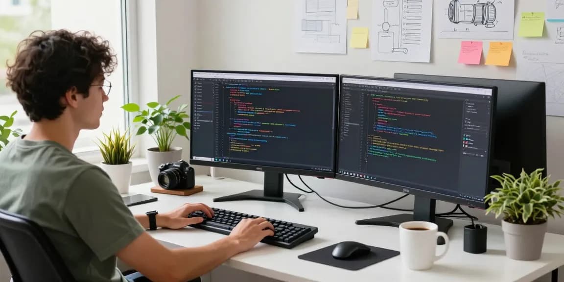 Screenshot download setup in a bright workspace with code displayed on monitors
