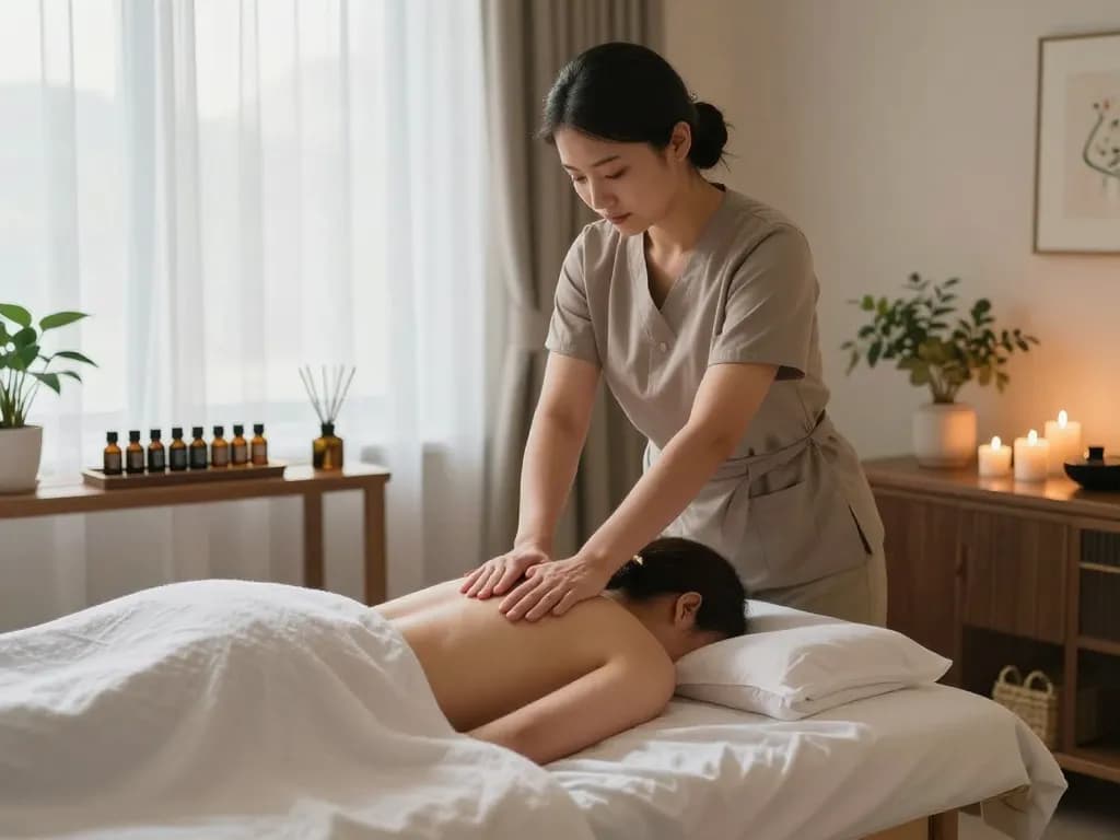 프리미엄 잠실스웨디시 스파에서 편안한 스웨디시 마사지 장면, 분위기를 향상시키는 진정 요소들.