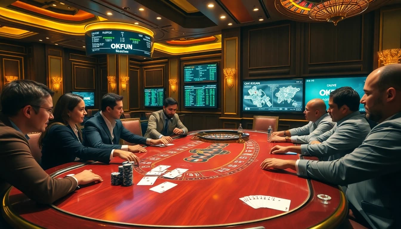 Experience the thrill of OKFUN with professional players at an elegant poker table.