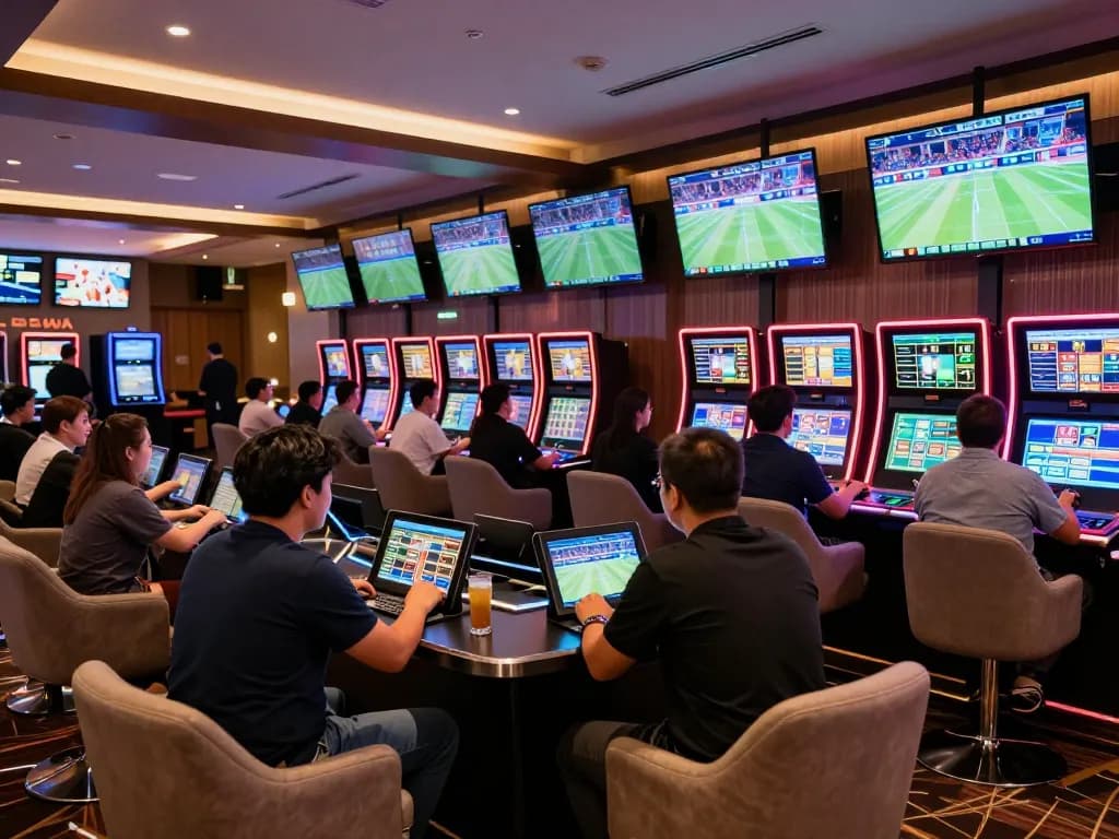 Engaged players analyzing betting odds on tablets at OKFUN's upscale sports lounge, highlighting a vibrant casino atmosphere