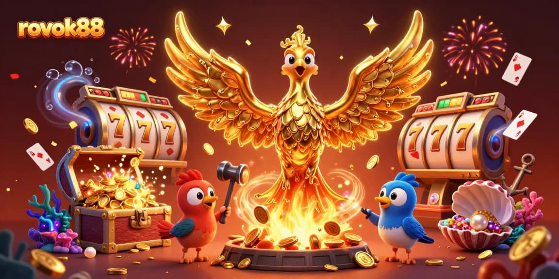 Experience thrilling wins with rokok88's vibrant 3D Casino illustration, featuring golden phoenix and explosive gaming elements.