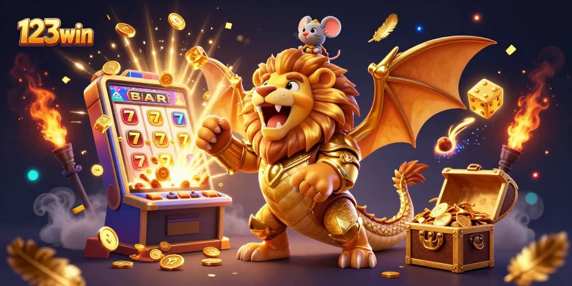 Experience thrilling moments with 123win's golden-themed illustration packed with casino action and excitement.