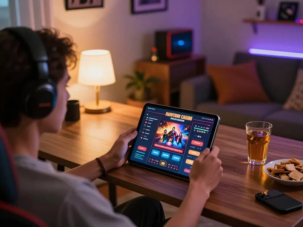 Engaging in online casino gaming with fabet displayed on a tablet in a cozy home environment.