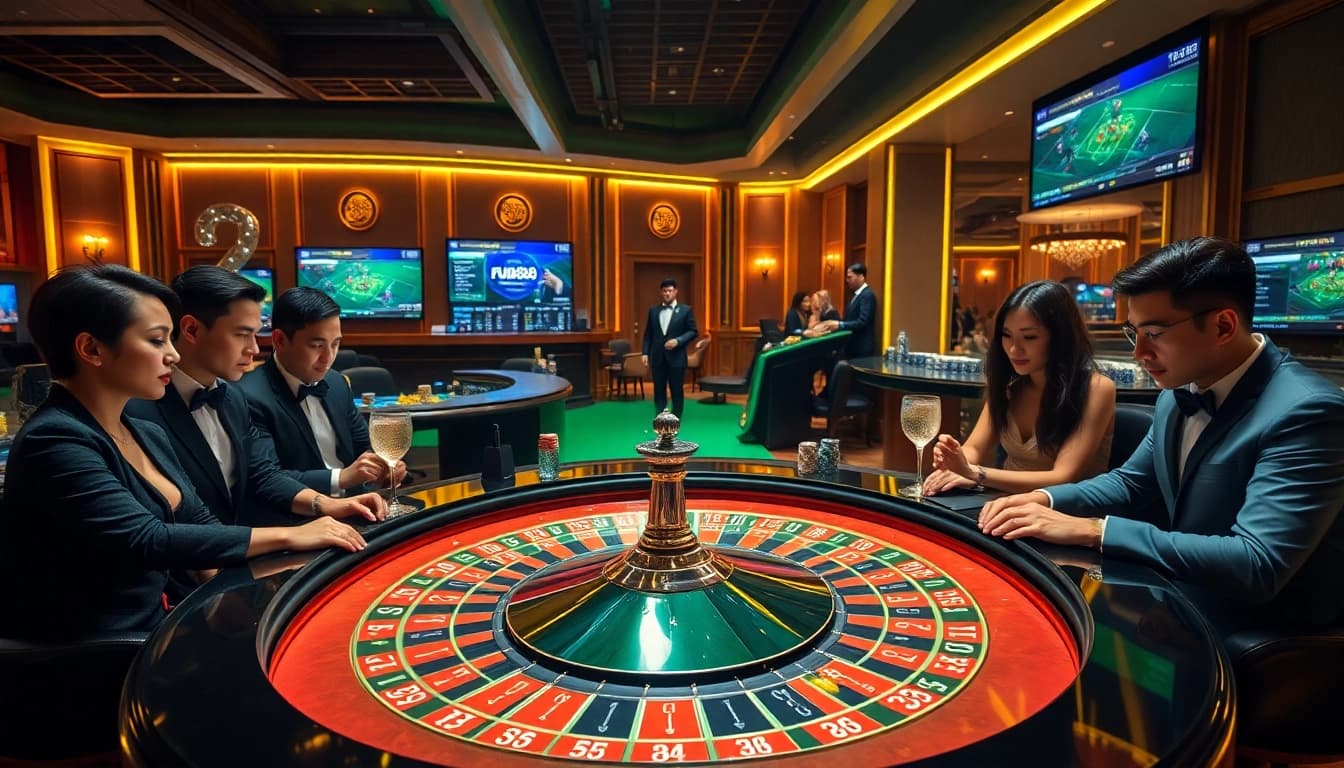 Engage in a thrilling game at the FUN88 roulette table with vibrant casino ambiance.