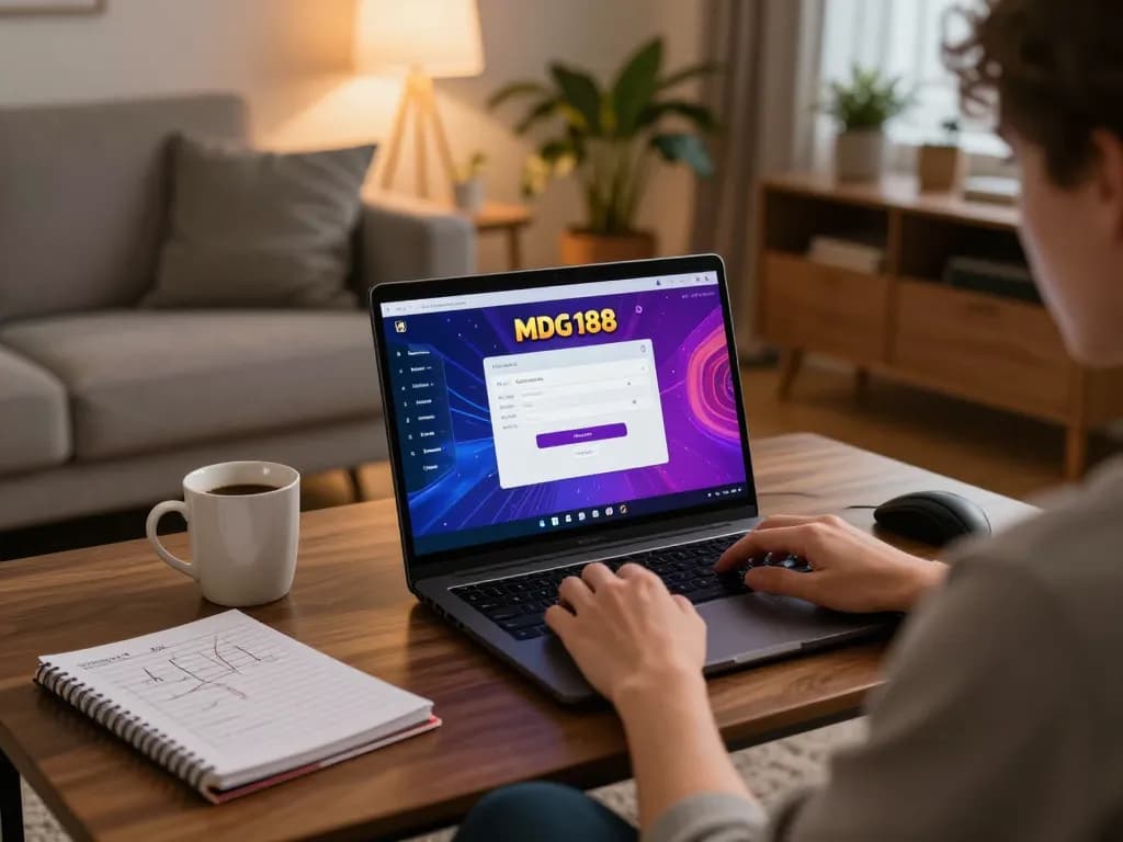 Player accessing MDG188 login on laptop in a cozy home setup, emphasizing responsible online gaming