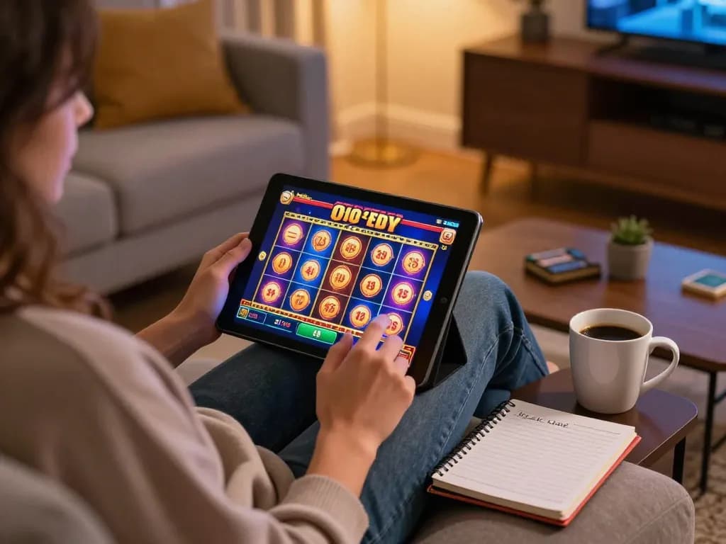 Engaging in O8 online gaming, a player enjoys a cozy home setup with a tablet showcasing vibrant slot games.