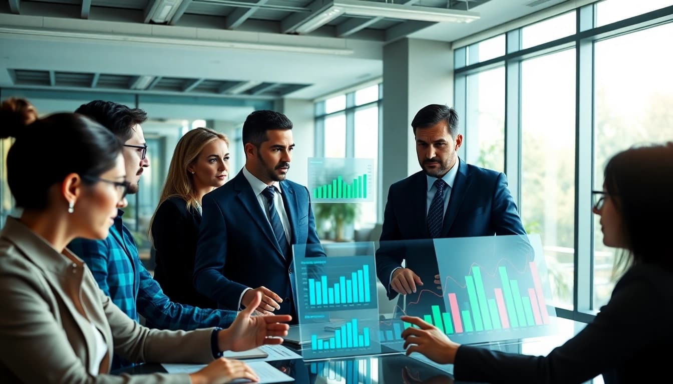 Analyze growth strategy trends in a modern office with diverse professionals engaged in discussion.