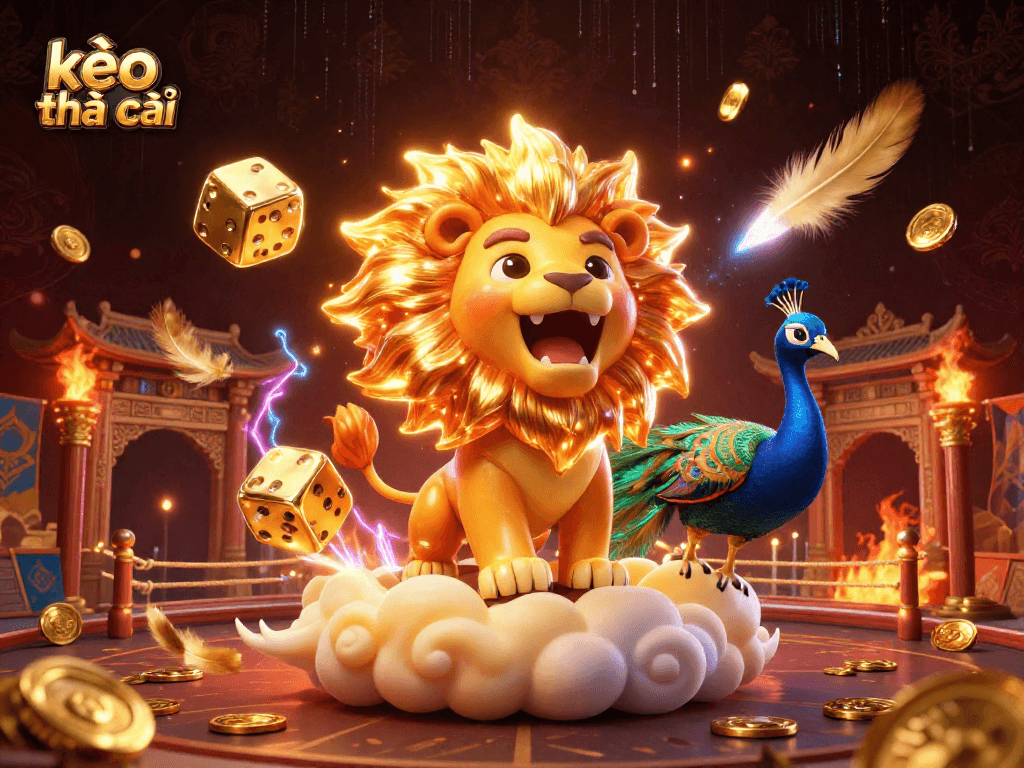 Engage with kèo nhà cái as a 3D cartoon lion roars triumphantly amidst a vibrant sports betting landscape.