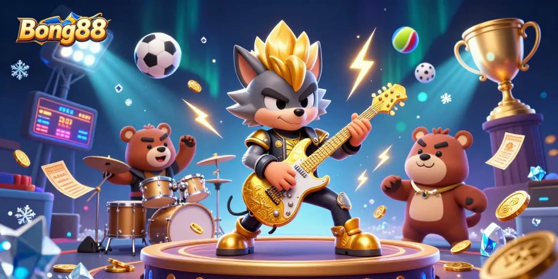 Bong88 captures the excitement of sports betting with a dynamic scene featuring a rock star wolf, a wild drummer bear, and flying sports elements.