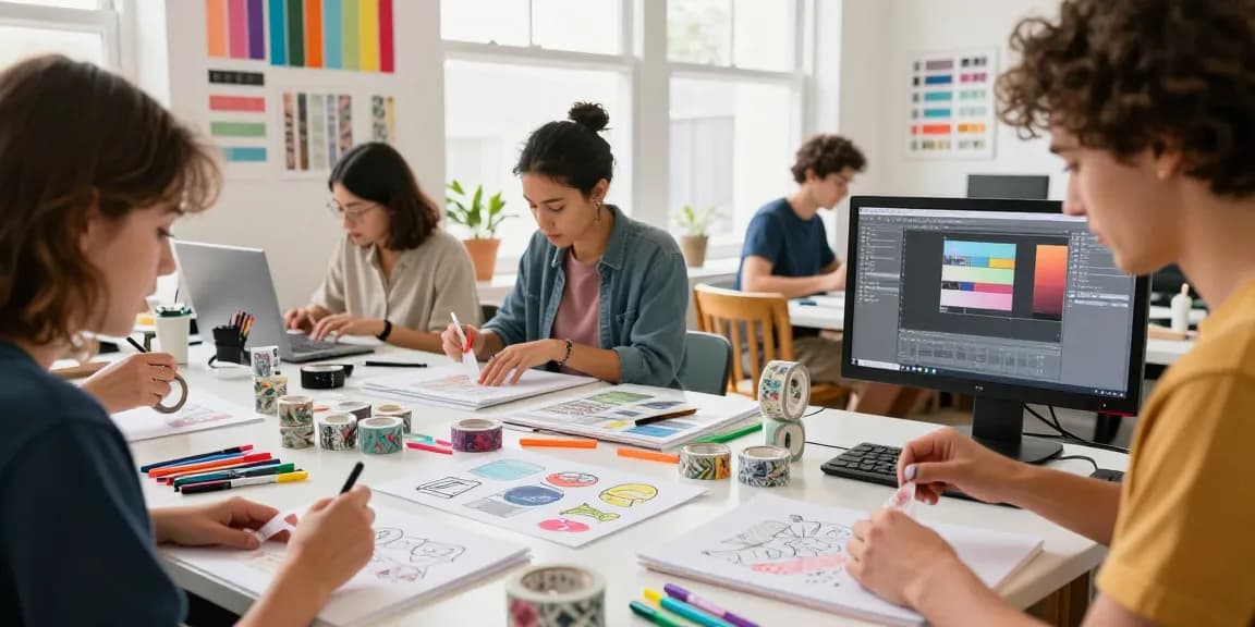 Designing custom washi tape in a vibrant artist workspace filled with sketches and colors.