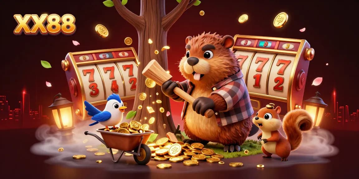 Engage with the exciting slots at XX88 while a beaver collects coins in a vibrant casino scene.