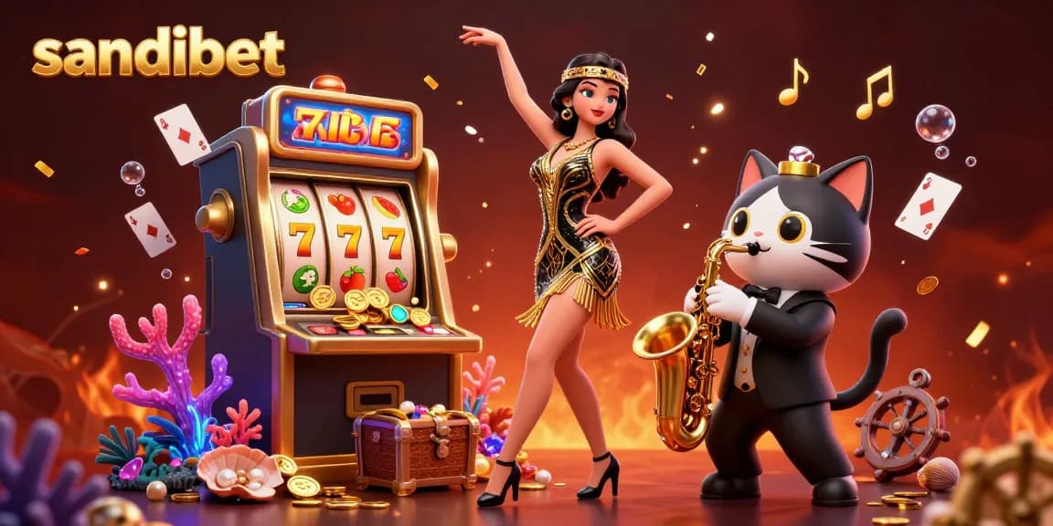 Experience winning thrills at sandibet with vibrant casino-themed 3D illustration showcasing a slot machine, characters, and dynamic elements.