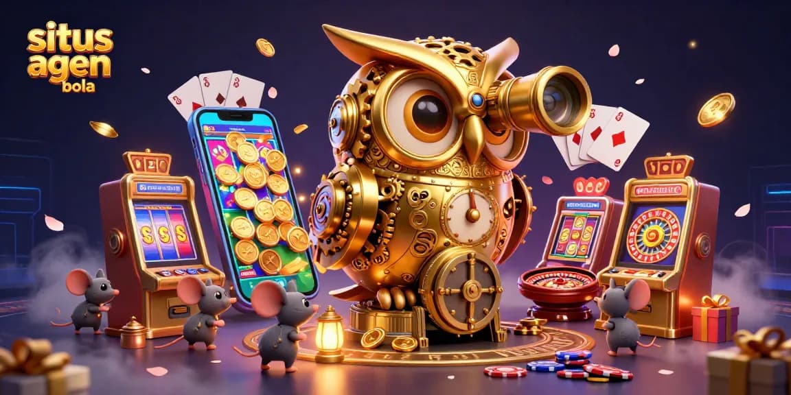 Situs agen bola showcases a captivating 3D casino scene featuring a golden owl and vibrant gaming elements.