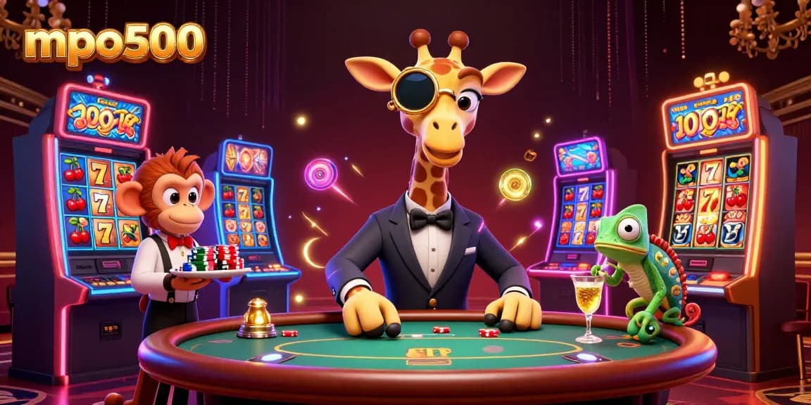 Experience thrilling gameplay at mpo500 with a high-roller giraffe, monkey valet, and chameleon bartender at a vibrant casino scene.