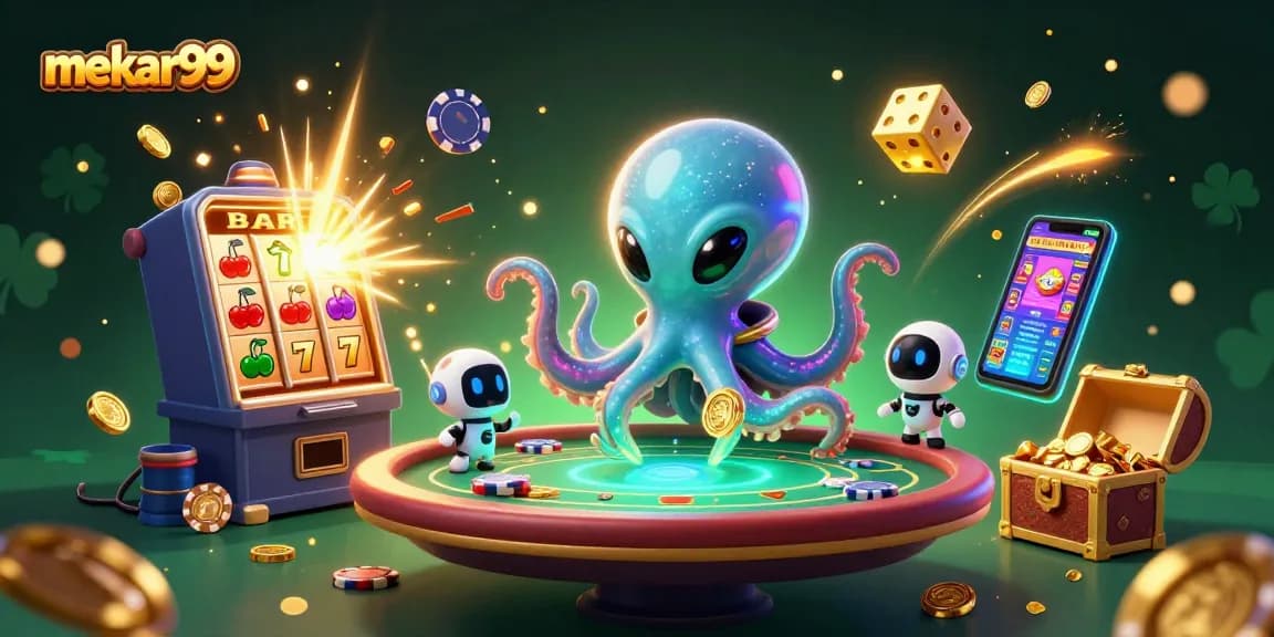 Experience thrilling gaming action at mekar99 with playful aliens and vibrant casino elements amidst an immersive atmosphere.