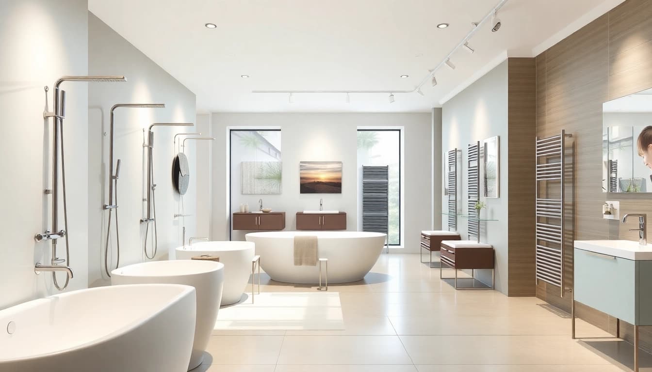 sonni sanitär GmbH bietet elegante Badezimmerprodukte in einem modernen Ausstellungsraum an.