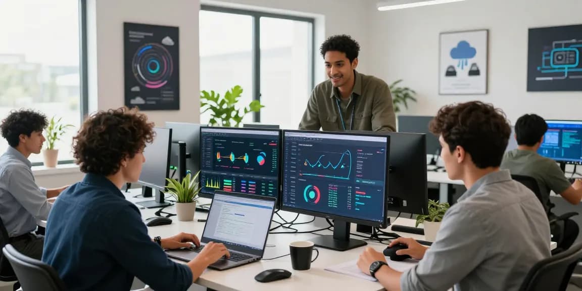 Web hosting Mexico professionals collaborating on cloud services in a modern workspace.
